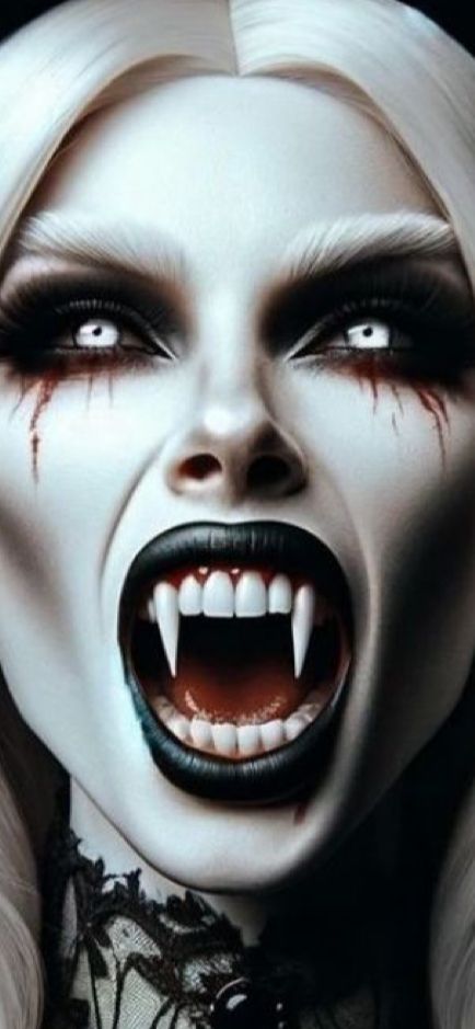 Vampire Queen Makeup, Vampire Art Female Gothic, Illusion Makeup Looks, Possessed Makeup, White Hair Vampire, Evil Makeup, Girls Vampire, Italian Makeup, White Eye Makeup