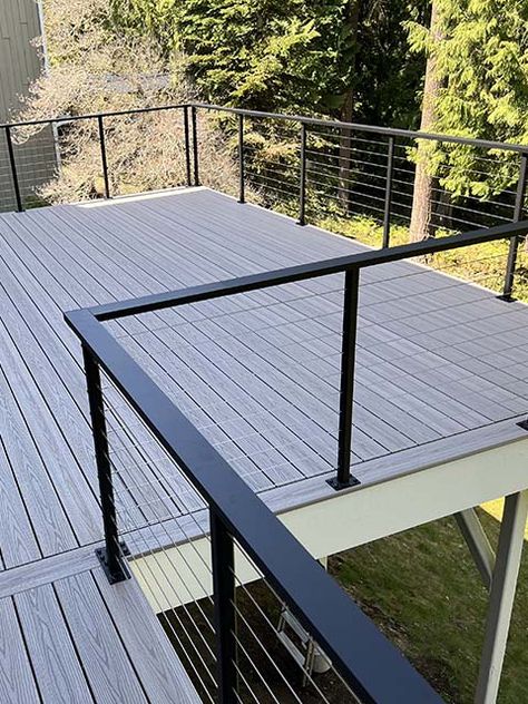 Cable Deck Railing - Wire Railing | Mailahn Innovation Wire Balcony Railing, Upstairs Balcony Ideas Railings, Low Profile Deck Railing, Cable Railings For Decks, Metal Deck Railing Ideas Wire Fence, Deck Wire Railing Ideas, Cable Railing Fence, Cable Wire Deck Railing, Outdoor Railing Ideas