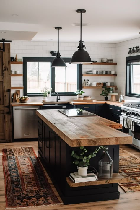 Boho Kitchen With Island, Old Farmhouse Kitchen, Boho Kitchen, Black Cabinets, Modern Farmhouse Kitchens, Old Kitchen, Kitchen Remodel Idea, Kitchen Inspo, Kitchen Reno