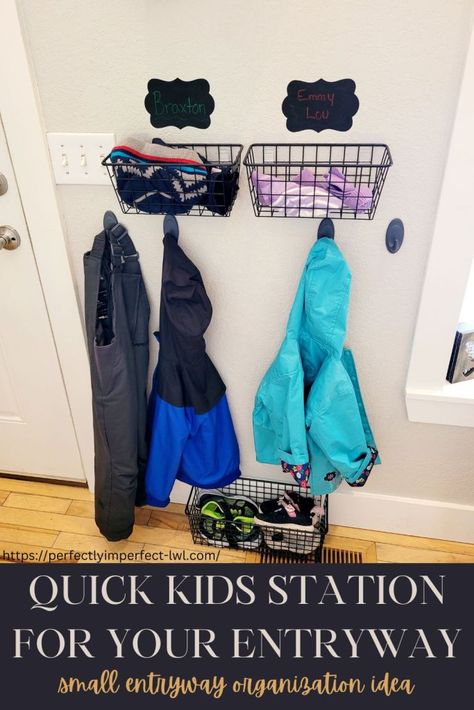 entryway organization idea for kids, kids station for your entryway.  Coat hooks at kids level, shoe storage basket, chalkboard name tags, hat and glove storage baskets, hanging storage baskets for kids gear. Hat And Gloves Storage, Front Entry Organization, Kids Backpack Station Small Space, Hat And Mitten Storage Entryway, Hat And Glove Storage Ideas Entryway, Hats And Gloves Storage Ideas, Kids Coat Hooks Entryway, Small Entryway Coat Rack Ideas, Kids Entryway Ideas