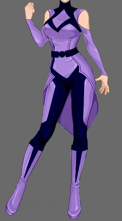 Purple Hero Suit Design Female, Purple Assassin Outfit, Butterfly Superhero Design, Mha Outfit Ideas Hero, My Hero Academia Oc Quirk Ideas, Super Hero Costume Design, Female Hero Suit, Purple Superhero Suit, Purple Hero Suit