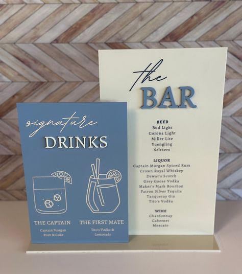 Custom Drinks, Drinks Wedding, Event Bar, Drinks Bar, Signature Drinks Sign, Blue Themed Wedding, Drink Signs, Future Wedding Plans, Wedding Drink