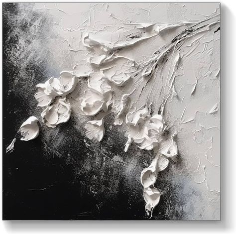 Amazon.com: ‎UYLHJKLZ 3D Flower Oil Painting On Canvas Original White And Black Flower Handmade Art Palette Knife Painting Textured Acrylic Painting,Unstretched,Frameless,(81X81cm) 32X32Inches: Paintings 3d Acrylic Art Canvas Paintings, Texture White Paintings, Textured Flower Painting Palette Knife, Painting With Knife Acrylics, Flower Textured Art, Texture Painting Flowers, Flower Texture Art, Textured Art Flowers, Texturized Painting