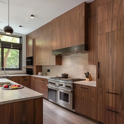 10 DIY Walnut Kitchen Cabinet Ideas for Beginners! Backsplash With Walnut Cabinets, Woodmark Cabinets Kitchens, Modern Kitchen Wood Cabinets, Light Walnut Kitchen Cabinets, Mid Modern Century Kitchen, Walnut Kitchen Design, Modern Walnut Kitchen Cabinets, Minimal Kitchen Cabinets, Contemporary Walnut Kitchen