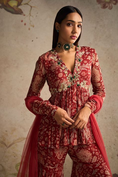 Buy Red Chiffon Printed And Embroidered Awespiring Peplum Kurta Gharara Set For Women by Ridhi Mehra Online at Aza Fashions. Chiffon Gharara, Sarara Dress, Ridhi Mehra, Sharara Designs, Peplum Designs, Trendy Outfits Indian, Diwali Outfits, Red Ochre, Royalty Aesthetic