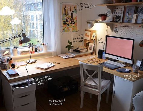 @susannhoffmann_illustration Bedroom Desk Space, Working Table In Bedroom, Office Area In Living Room, Work Desk Decor Ideas, Wall Art Bedroom Ideas, Home Ideas Bedroom, Art Bedroom Ideas, Ideas For Small Rooms Bedroom, Decorating Ideas Bedroom