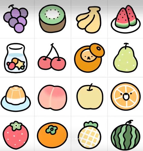 Cute Food To Draw, Kawaii Fruit Drawing, Simple Fruit Drawings, Drawing Food Cute, Fruit Drawing Simple, Food Drawing Cute, Cute Fruit Drawings, Fruit With Faces, Kawaii Drawings Doodles