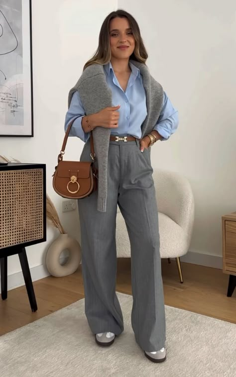 Office Outfit Grey Pants, Work Outfits Women Grey Pants, Office Outfit Spring 2024, Grey Business Pants Outfit, Grey Formal Pants Outfit Woman, Outfit Ideas Grey Pants, Grey Pants Work Outfit, Grey Work Pants Outfit, Grey Pants Outfit For Work Women