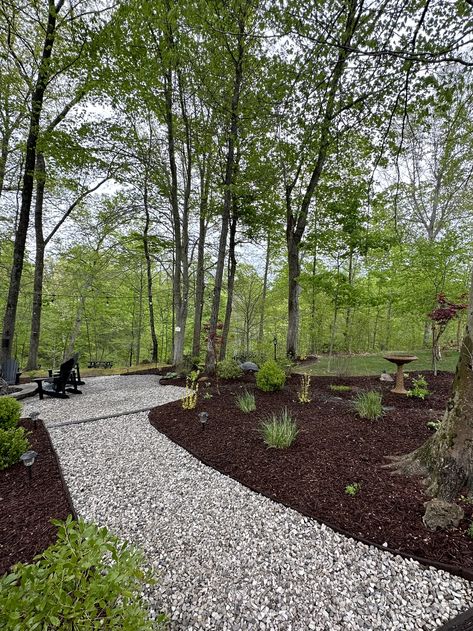 Large Natural Area Landscaping, Pathway In The Woods, Sloped Wooded Backyard, Landscaping In Wooded Area, Path To Fire Pit, Gravel Fire Pit Area, Woodsy Backyard, Wooded Backyard Landscape, Patio Garden Ideas On A Budget