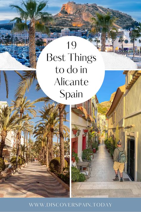 3 images of Alicante in Spain with the castell santa barbara, palmtrees on the promenade of Alicante Things To Do In Alicante Spain, Alicante Spain Things To Do In, Alicante Spain Beach, Alicante Photo Ideas, Alicante Spain Aesthetic, Alicante Beach, Spain Alicante, Spain Aesthetic, Instagram Places