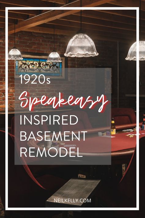 This Portland basement remodeling project features open space and period charm. The designer shares, “The homeowners wanted their basement to feel like a hidden gambling and drinking space during the era of prohibition. They wanted it to reflect the essence of the roaring 20s, drawing inspiration from some of the older buildings in downtown Portland.” Home Bar 1920s, Vintage Bar Room Ideas, Prohibition Style Basement, Speakeasy Basement Remodel, Speakeasy Media Room, Vintage Basement Remodel, Prohibition Style Home Bar, Speakeasy Bar Ideas For Home, Industrial Chic Basement