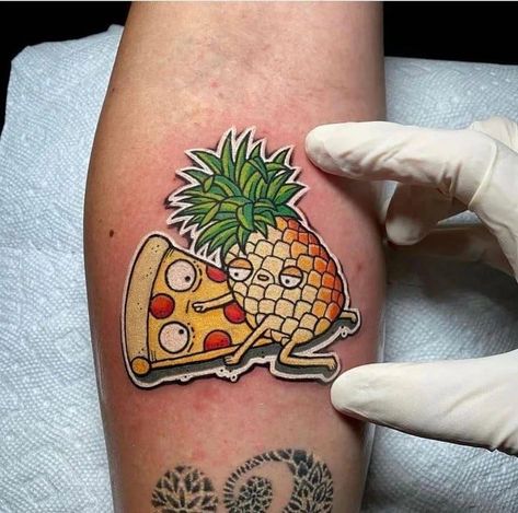 Dumbest Tattoos, Pineapple On Pizza, Pizza Tattoo, Chef Tattoo, Chicken Tattoo, Pineapple Tattoo, Tattoo Design Tattoo, Food Tattoos, Pineapple Pizza