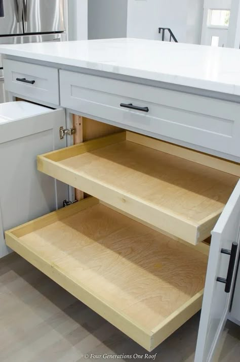 Split Level House Kitchen, Shiplap Kitchen Wall, Kitchen Wall Removal, Kitchen Pull Out Drawers, Kitchen Island Storage Ideas, Split Level Kitchen, Kitchen Island With Drawers, Split Level Kitchen Remodel, Shiplap Kitchen