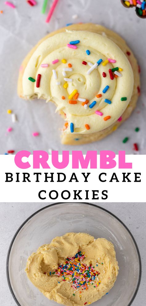 Birthday Cake Crumbl Cookie Copycat, Crumbl Cake Batter, Crumbl Funfetti Cookies, Crumbl Cookie Copycat Cake Batter, Crumbl Cookie Birthday Cake, Crumble Birthday Cake Cookie, Birthday Cake Crumble Cookies, Crumbl Cream Cheese Frosting, Crumbles Cookies