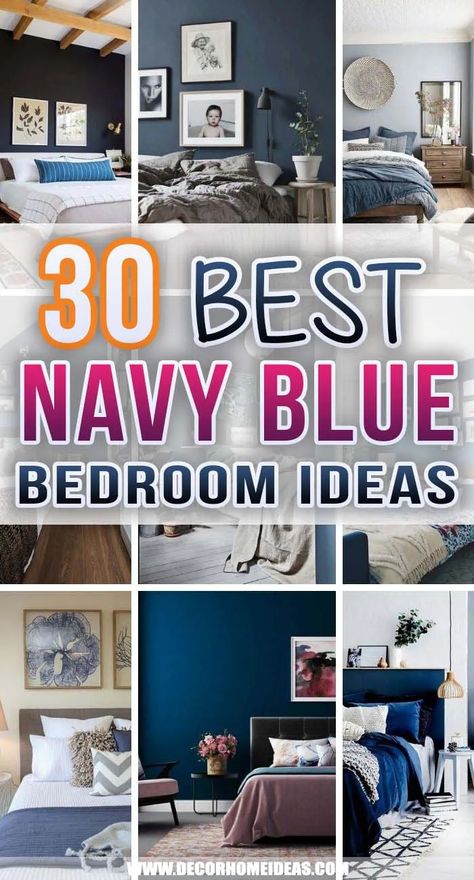 Navy Comforter Bedroom Ideas, Navy Painted Walls, Bedroom Blue Comforter, Navy Blue Master Bed Accent Wall, Dark Blue Bedroom Ideas Accent Wall, Dark Navy Accent Wall Bedroom, Navy Blue White And Gold Bedroom, Navy Blue Furniture Bedroom, Bedroom With Navy Walls