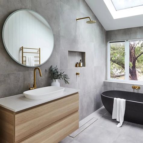 Bathrooms that are neutral with a touch of wood are classic and timeless. Also very calming. Modern Bathroom Grey, Gray Tile Bathroom Ideas, Gray Tile Bathroom, Monochromatic Bathroom, Tile Bathroom Ideas, Reece Bathroom, Gray Shower Tile, Bathroom Grey, Rental Bathroom