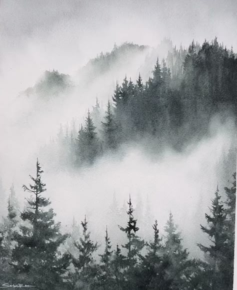 Rainy Day Nature, Landscape Painting Watercolor, Cozy Rainy Day, Tree Watercolor Painting, Art Tutorials Watercolor, Misty Forest, Watercolor Mountains, Landscape Art Painting, Watercolor Painting Techniques