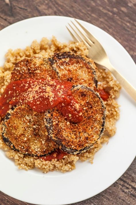 Easy Vegan Eggplant Parmesan Over Quinoa Eggplant Quinoa, Vegan Quinoa Recipes, Vegan Eggplant Parmesan, Quinoa Dishes, Vegan Eggplant, Bland Diet, Quinoa Recipe, Specialty Food Store, Vegan Egg