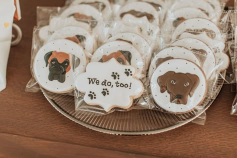 Customized cookies for wedding favors designed with chocolate lab and boxer's faces, paw prints, and the words, "We do, too!" Custom Dog Cookies Wedding, Dog Cookie Wedding Favors, Dog Themed Engagement Party, Dog Themed Wedding Favors, Dog Wedding Cookies, Wedding Ideas With Dogs, Golden Retriever Wedding, Customized Cookies, Cookies For Wedding