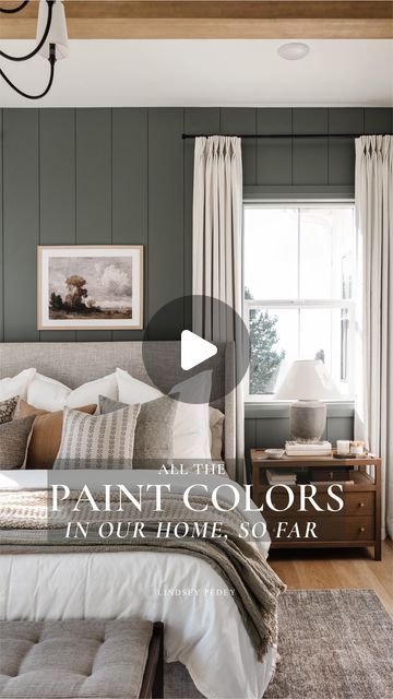 Lindsey Pedey on Instagram: "FAQ: What paint color is that?! 👀 Save this post so you can easily come back to it! And follow along as we finish Emma’s room. ✨   Primary Bedroom: BM Millstone Gray Pantry door & Locker room shiplap: SW Naturel Kitchen cabinets, all walls & trim: BM Chantilly Lace  Jack’s Bedroom: BM Blue Brush Kate’s Bedroom: BM Meadow Pink Ben’s Bedroom: Miller Paint Haven Emma’s Bedroom: SW Stardew Powder Bath: SW Iron Ore Laundry Cabinets: SW Roycroft Mist Gray Brick: Romabio Limewash in Avario White Exterior: BM White Dove" Main Bedroom Ideas Master Suite Color Schemes Accent Walls, Sw Naturel, Accent Wall Bedroom With Window, Roycroft Mist Gray, Millstone Gray, Romabio Limewash, Bm Chantilly Lace, Gray Accent Wall Bedroom, Taylor Swift New Romantics