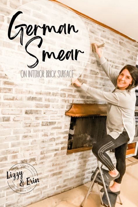 German Smear Technique – Lizzy & Erin German Smear Technique, Brick Makeover, German Smear Brick, Wash Brick Fireplace, Fireplace Paint, Lime Wash Brick, Brick Wall Ideas, Brick Fireplace Wall, White Wash Brick Fireplace