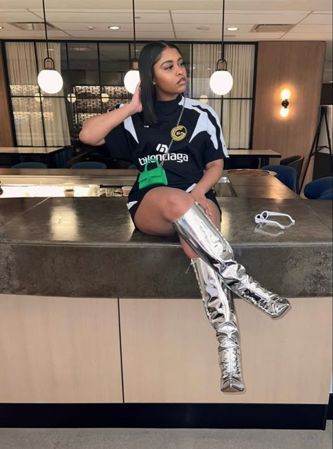 Outfits With White Heel Boots, Silver Thigh High Boots Outfit, Silver Knee High Boots Outfit, Silver Metallic Boots Outfit, Silver Boots Outfit Black Women, Outfit With Silver Boots, Knee High Boots Outfit Black Women, Silver Outfit Black Women, Silver Boots Outfit