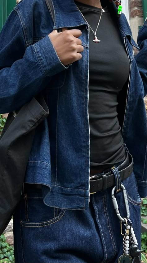 Denim Set Aesthetic, Blue Denim And Black Outfit, Dark Brown And Blue Outfit, Dark Denim Aesthetic, Dark Wash Denim Jacket Outfit, Deep Blue Outfit, Black And Dark Blue Outfit, Dark Blue Jean Jacket Outfits, Dark Jean Jacket Outfits