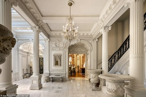 Nyc Mansion, Avengers Mansion, Regency Interior Design, Regency Interior, Marble Bar Top, Carved Fireplace, Stone Porches, Chateau Hotel, Mansard Roof