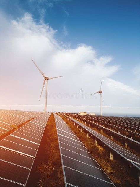 Windmill and solar panel farm producing renewable energy with wind and sun stock image Wind Mill, Wind Farm, Solar Panel, Vector Pattern, Renewable Energy, Solar Panels, Solar, Stock Images, Energy