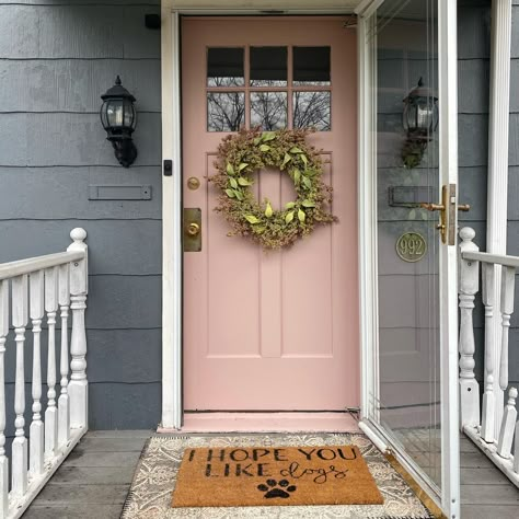 Gray House With Pink Front Door, Soft Pink Front Door, Pink Door Grey House, Pastel Pink Front Door, Pink Door Blue House, Colourful Front Door Ideas, Blush Front Door Paint Colors, Dusty Rose Front Door, Pink Front Door Blue House