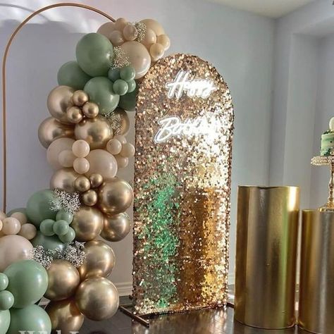 Metal Arch Balloon Garland, Green And Gold Party Decorations Backdrop Ideas, Balloon On Arch Backdrop, Gold Arch Backdrop With Balloons, Olive Green And Gold Party Decor, Olive Green Backdrop Ideas, Metal Arch With Balloons, Green And Gold Balloon Backdrop, Olive Green Balloon Garland