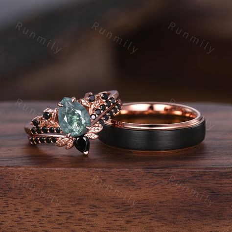 Here we have a Vintage Pear Moss Agate Couples Ring Rose Gold Matching Ring Set His and Hers Wedding Band Green Agate Ring For Men For Women Promise Ring ITEM DESCRIPTION ✦ Handmade, high-quality item! ✦ Material: Sterling Silver/Tungsten/14K Solid Gold ►Sold as a two-piece set ►His ring is Rose Gold and Black Tungsten Carbide. ►His band width: 6mm ►His tungsten ring will not turn green itself and will not cause your skin to turn green.  ✦ Durable - Incredibly Scratch-Resistant to always look gr Mens Crystal Ring, Couples Rings Matching, Moss Agate Ring For Men, Green Wedding Ring Set, Matching Engagement Rings His And Hers, Matching Promise Rings Couple, Couple Bands Rings, Pear Moss, Green Wedding Rings