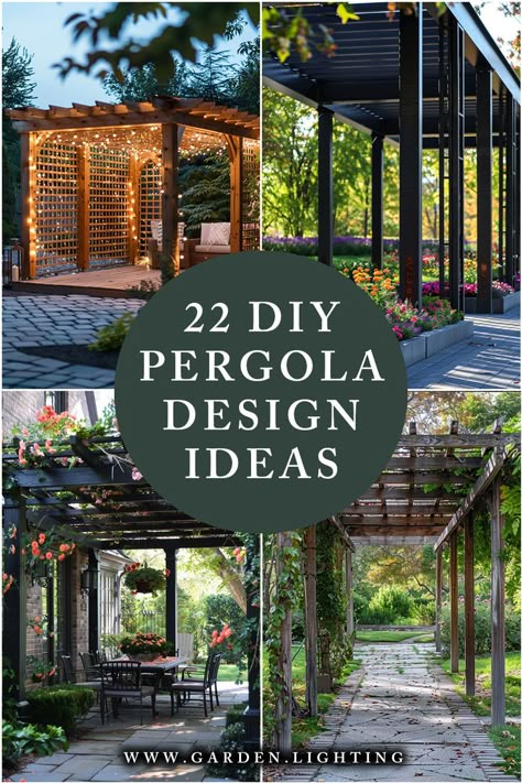 a collage of photos of pergola designs and patio lighting Modern Pergola Designs, Pergola Design Ideas, Diy Mantel, Creative Layout, Patio Projects, Modern Pergola, Covered Patios, Metal Pergola, Pergola Garden