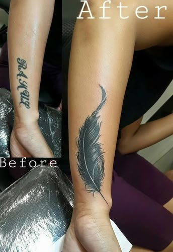 Name Coverup Tattoo, Coverup Tattoo Ideas For Women, Cover Up Name Tattoos, Tattoo Plume, Cover Up Tattoos Before And After, Coverup Tattoo Ideas, Arm Cover Up Tattoos, Tatuaje Cover Up, Tattoo Cover Up Ideas