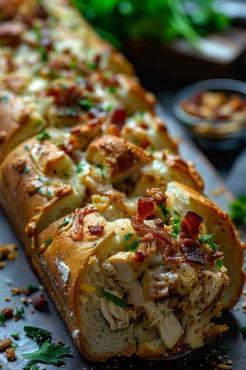 Food and Drink: #foodie, #recipes, #cooking, #food inspiration Cooking For Guests Dinners, Chicken Bacon Ranch Stuffed French Bread, Easy Chicken Bacon Ranch Stromboli, Sandwiches To Feed A Crowd, Meals With Ranch, Chicken Bacon Ranch French Bread, Easy Meals For Guests Simple, Chicken And Bread Recipes, Stuff Bread Recipes