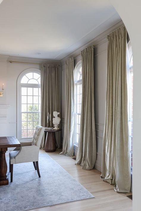 Blackout velvet curtains from Amazon in cool beige. They come in multiple sizes - up to 120" long to accommodate our 12' ceilings! Velvet Drapes In Dining Room, Velvet Curtains Dining Room, Dinning Room Curtain Ideas, Drapes In Dining Room, Velvet Curtains Bedroom, Velvet Curtains Living Room, Dining Room Drapes, Taupe Curtains, Dining Room Artwork