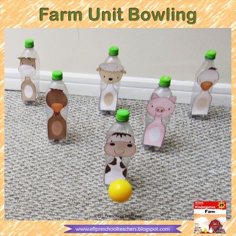 Farm Animals Bowling. Grab some recycled water or soda bottles. Print, cut and glue the farm animal onto each bottle. Find a small ball and play the game. English activities.Let's TALK. Farm Animals Games, Kindergarten Esl, Farm Animals Preschool, Farm Animals Activities, Preschool Activities At Home, Farm Unit, Farm Preschool, Animal Cutouts, Cut And Glue