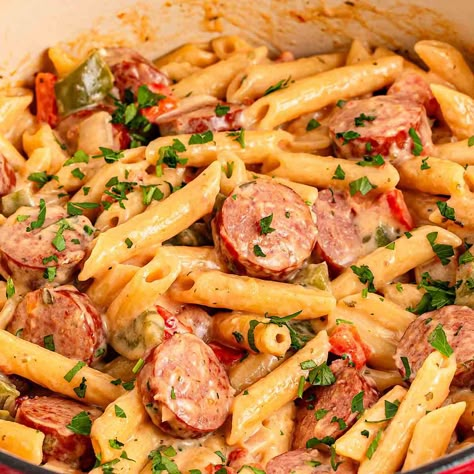 Smoked sausage pasta Dinner Recipes With Polish Sausage, Pepper Jack Sausage Recipes, One Pan Cheesy Smoked Sausage And Pasta, Sausage Pasta Dinner Recipes, Beef Smoked Sausage Recipes Pasta, Kelbeisa Sausage Pasta Recipes, Pasta Smoked Sausage Recipes, Beef Sausage Pasta Recipes, Recipes With Link Sausage