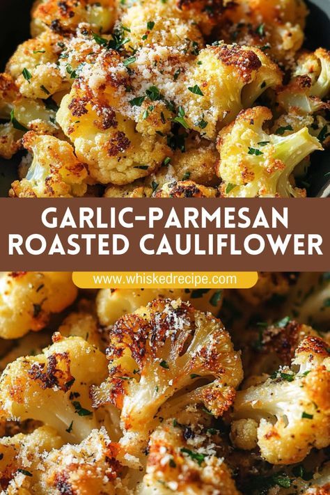 Roasted Garlic-Parmesan Cauliflower Recipe: Make this simple Garlic-Parmesan Roasted Cauliflower for a delicious and healthy side! The combination of roasted garlic, Parmesan, and tender cauliflower will make it a dinner table favorite. Perfect with chicken, pasta, or steak! Easy Cooked Vegetables, Tasty Sides For Dinner, Quick Keto Sides, New Healthy Recipes For Dinner, Parmesan Crusted Cauliflower Roasted, Tasty Clean Eating Recipes, Stuffed Cauliflower Head, Roasted Garlic Parmesan Cauliflower, Uses For Roasted Garlic