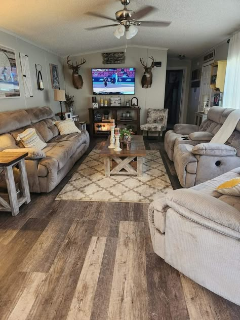 Single Wide Living Room Ideas, Lifeproof Vinyl Plank Flooring, Single Wide Mobile Home Decorating, Lifeproof Vinyl, Farmhouse Style Living Room Decor, Single Wide Remodel, Western Living Room Decor, Mobile Home Makeovers, Western Living Room