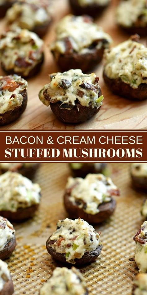 Bacon and Cream Cheese Stuffed Mushrooms are a must on any party menu! Loaded with creamy and smoky flavors, these appetizers are a seriously addicting! Cream Cheese Stuffed Mushrooms, Mushroom Bites, Tailgate Appetizers, Fingerfood Baby, Mushrooms Stuffed, Mushroom Appetizers, Cheese Stuffed Mushrooms, Baked Mushrooms, Bacon Appetizers