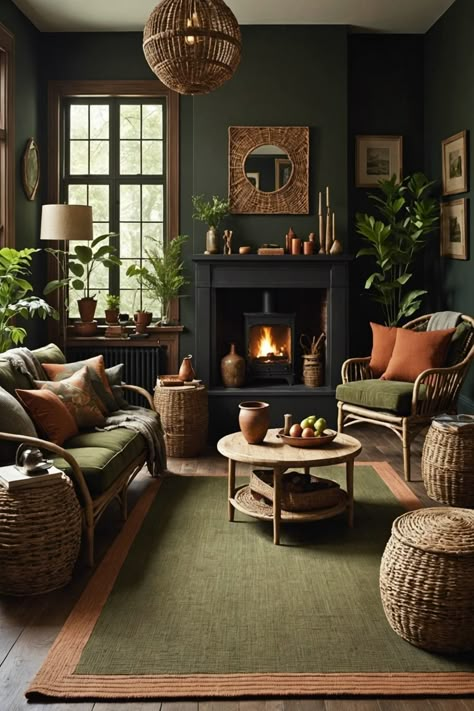 20 Dark Living Room Ideas – ToolzView Cosy New Build Living Room, Natural Living Room Earth Tones Green, Green Painted Living Room Walls, Green Snug Room, Olive Living Rooms, Green Walls Living Room, Dark Green Living Room, Green Sofa Living Room, Green Living Room Decor