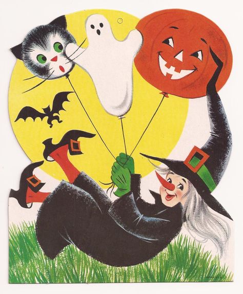 1963 Eureka 'Witch With Balloons' Die Cut Decoration. Three Sizes: 6 3/4", 11", 16" Witch Scarecrow, Lantern Ghost, Vintage Halloween Cards, Cat Balloons, Vintage Halloween Art, Vintage Halloween Images, Halloween Paper Crafts, Halloween Folk Art, Halloween Graphics