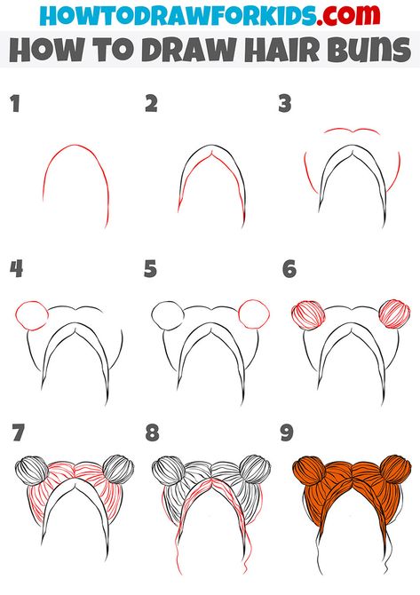 how to draw hair buns step by step Space Bun Drawing Tutorial, Sketching Hair Step By Step, How To Make Hair Drawing Step By Step, Drawing Tutorial Hair Step By Step, Drawing Ideas Easy Hair Step By Step, Anime Hair Drawing Step By Step, Cute Easy Hairstyles Drawings, Easy Hairstyles Drawing Step By Step, Hair Buns Drawing Reference