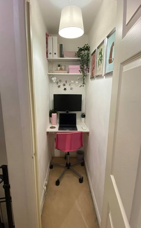 Woman transforms tiny hallway cupboard into chic office for a FIVER - but people are worried about how she gets in & out Home Office In Cupboard, Small Understairs Office Ideas, Office Idea For Small Space, Tiny Closet Office Ideas, Home Office In A Closet Ideas, Tiny Space Office Ideas, Cupboard Office Ideas, Small Closet Desk Ideas, Small Office Room Ideas Home