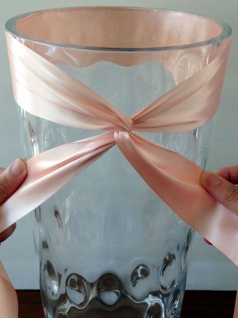 twisted ribbon and bow wrapped vase, crafts Bows For Vases Diy, How To Tie A Bow With Ribbon Around A Vase, Bowdabra Bows, Vase With Ribbon, Make A Bow With Ribbon, Bow With Ribbon, Handy Craft, Hanging Vase, Centerpieces Ideas