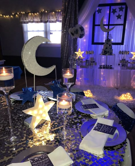 Sweet 16 Party Starry Night, Stars And Moon Sweet 16, Star Table Decorations Centerpieces, Moon And Stars Diy Decor, Stary Night Sweet 16 Party Ideas, Starry Night Table Setting, Star Theme Sweet 16, Night Under The Stars Table Decor, Under The Stars Decorations Table Settings