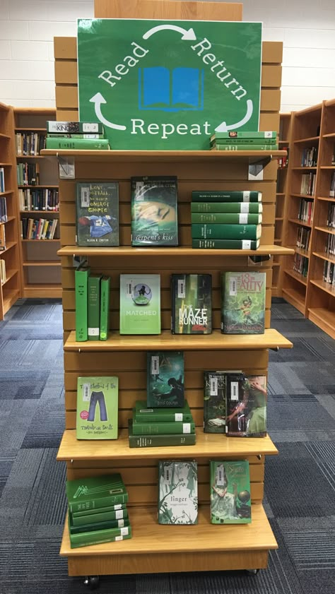 Read Return Repeat Green Display Library Room Ideas School, School Library Book Displays, Sensory Classroom, School Library Decor, Reading Display, School Library Displays, Teen Library, Middle School Libraries, Library Themes