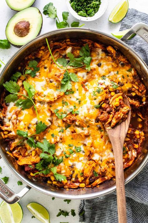 Chicken Enchilada Skillet - Fit Foodie Finds Enchilada Bowl Recipe, Easy Healthy Rotisserie Chicken Recipes, Enchilada Sauce Meals, Chicken Enchilada Bowl Healthy, Skillet Enchiladas Chicken, Chicken Enchilada Meal Prep Bowls, Shredded Chicken Skillet Recipes, Recipes With Shredded Rotisserie Chicken, Shredded Mexican Chicken Recipes