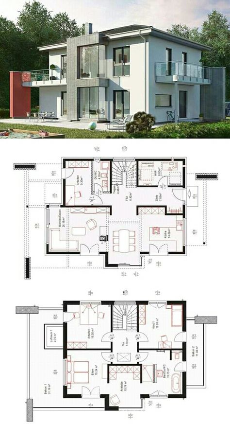 Case Minecraft, Modern House Floor Plans, Plan Villa, Small Villa, Plan Architecture, Two Story House Plans, Villa Style, House Floor Design, Two Story House